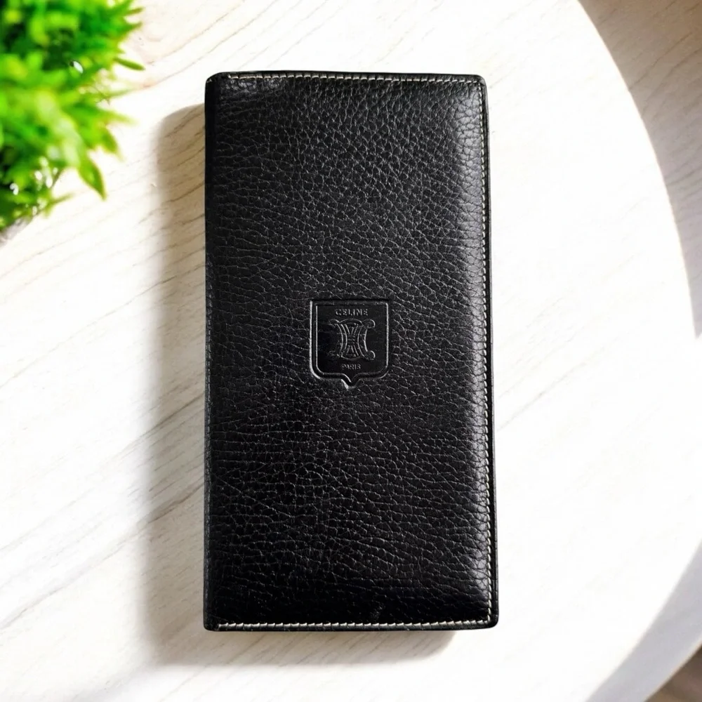 Authentic CELINE Black Pebbled Leather Long Slim Wallet